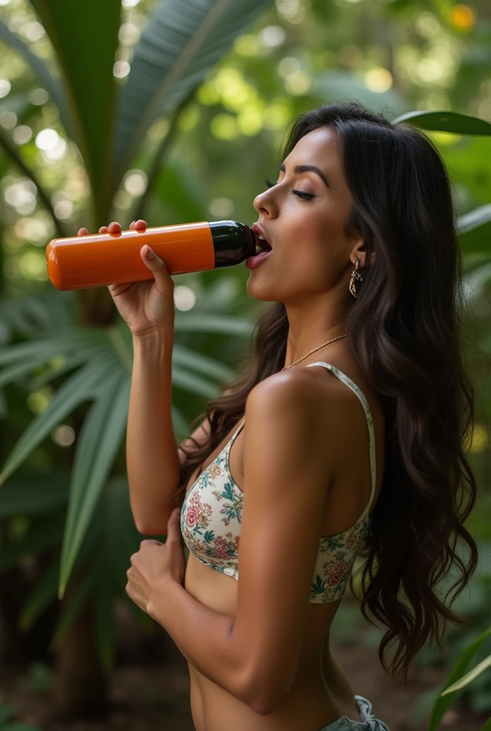 A Brazilian woman in a tropical garden giving a blowjob to a big, thick penis