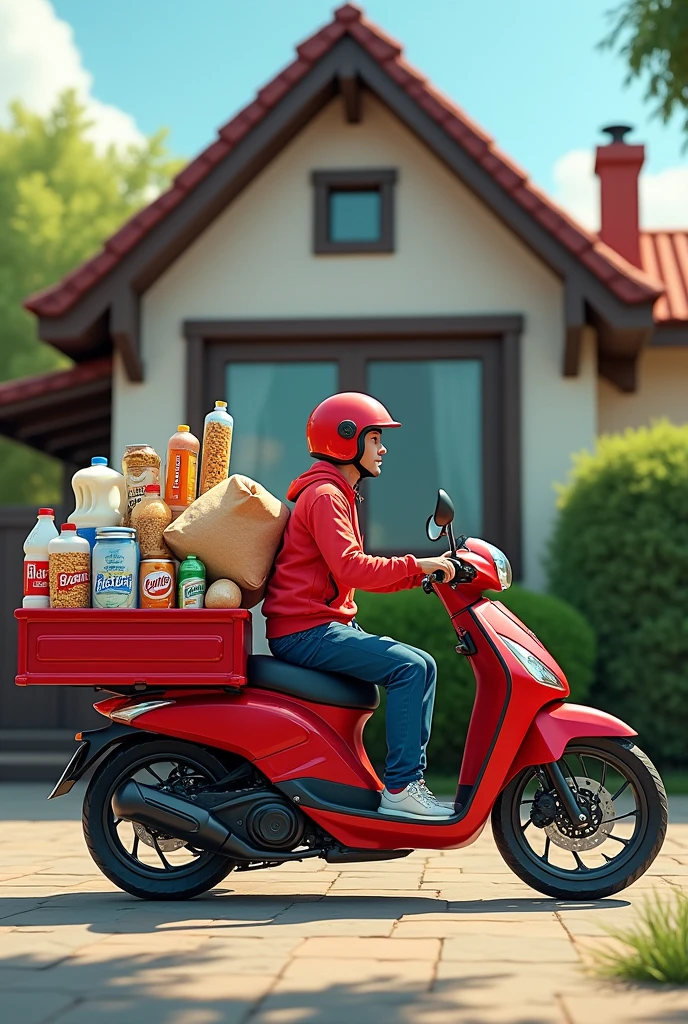 Red cargo motorcycle with drinks, cereals, bottled milk, bean bag, packaged bread, behind a house with a triangular roof