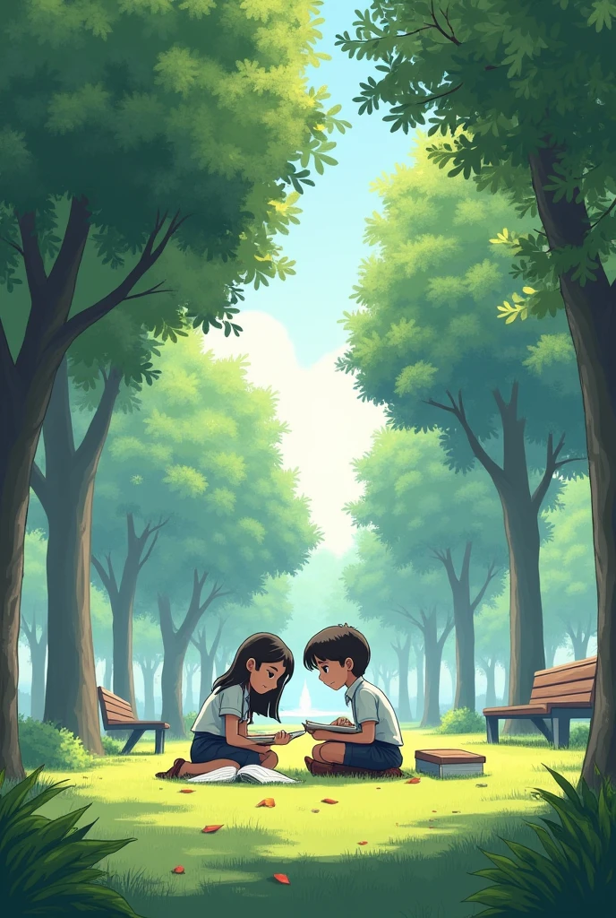 boy and girl studying in the park