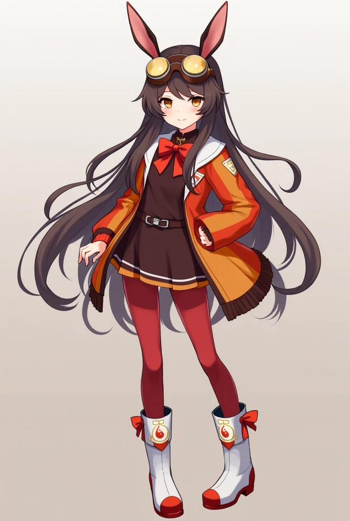 https://genshin-impact.fandom.com/wiki/Amber She have a dark brown hair and wears a red bow that is shaped like a bunny ears, brown pilot goggles, two small bags with leather belts, a red and brown glove, a Pyro sigil emblazoned on the red and orange ribbon, red jacket with long sleeves, a dark brown jumper outfit, and red stock on the white boots has symbols on it. She shyly smiles blushing. She have long dark brown hair! She is a futa. Something stands up under her skirt.