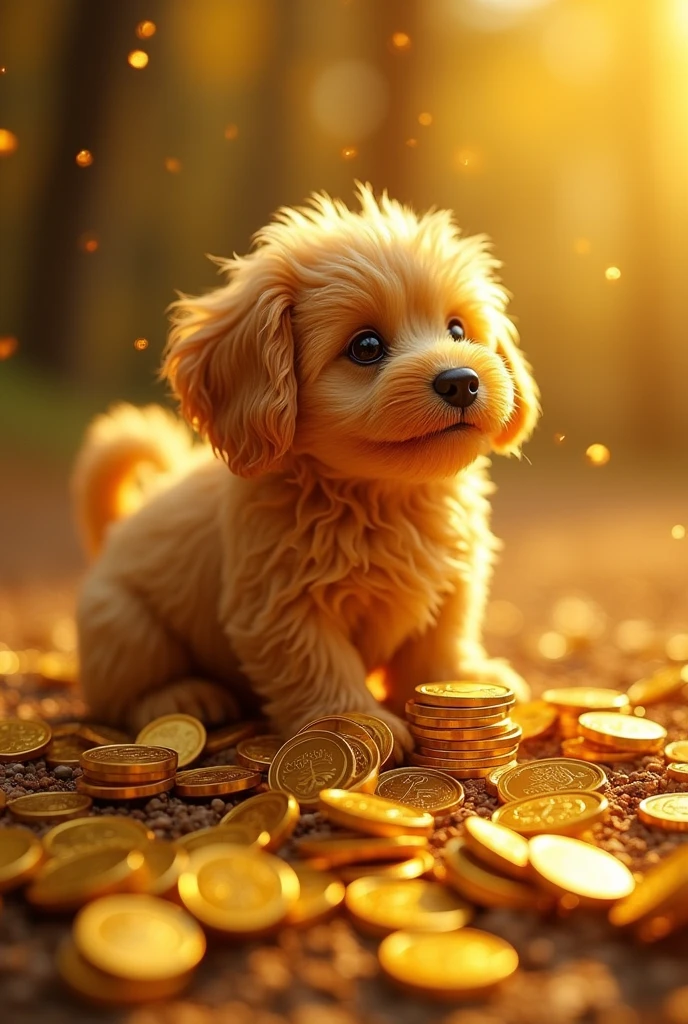 Pile of gold, Gold coins, dog, Gold coins이 하늘에서 쏟아진다. Dazzling golden, golden light