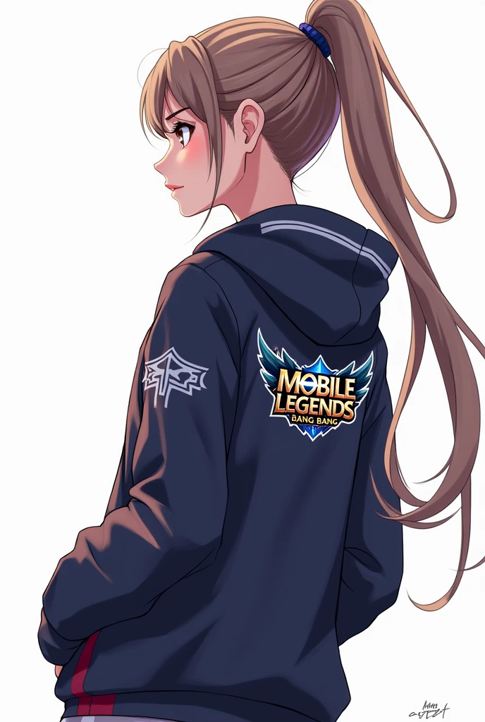 Anime woman with no bangs, facing back with side head wearing jacket with logo of mobile legends bang bang and with my last name SUMIQUIAB