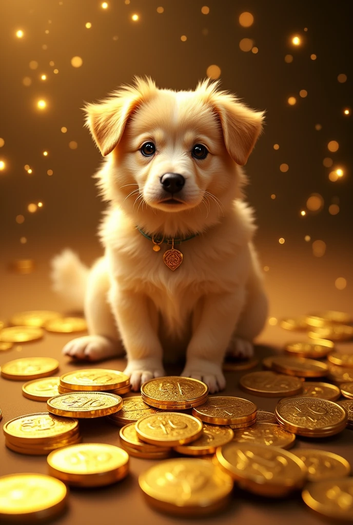 Pile of gold, Gold coins, dog, Gold coins이 하늘에서 쏟아진다. Dazzling golden, golden light