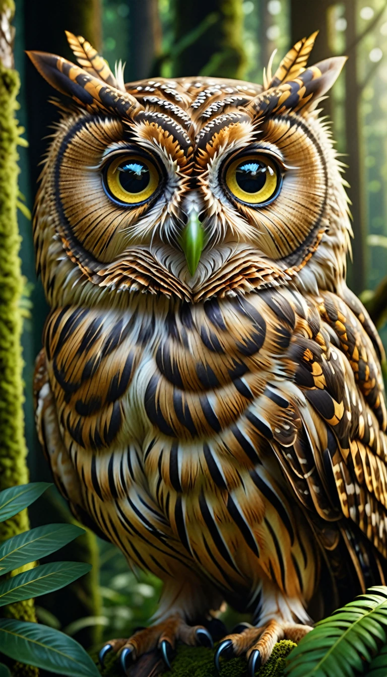 A highly detailed, photorealistic 4K/8K portrait of a four-eyed owl with human-like faces growing out of a lush forest, intricate patterns, dynamic lighting, masterpiece quality, ultra-detailed, realistic, photo-realistic