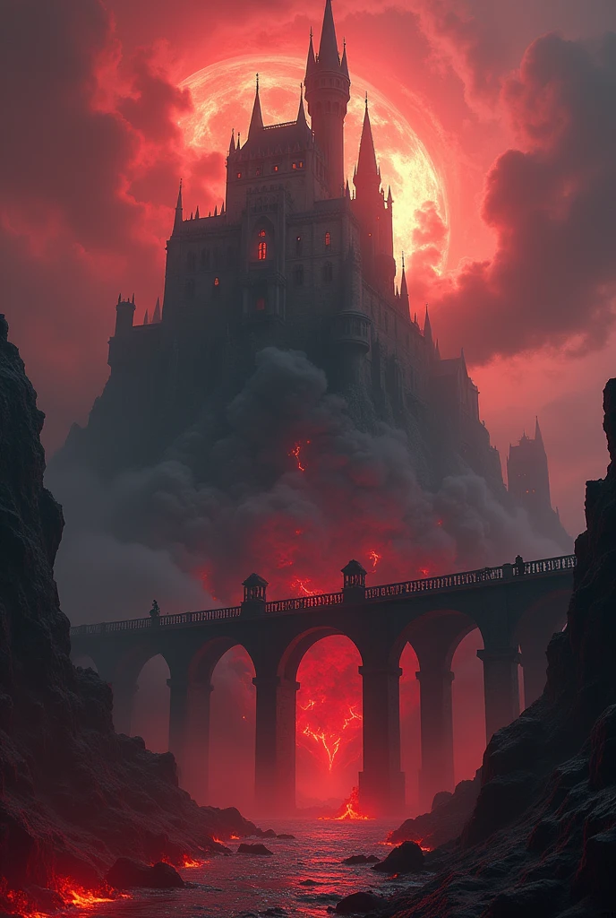 Photorealistic hellish sky and atmosphere with a massive demon castle sitting on a sort of floating island in the middle of the scene, tall pillars with arched features on a bridge pathway leading to the castle and hints of fire leaping from under the bridge