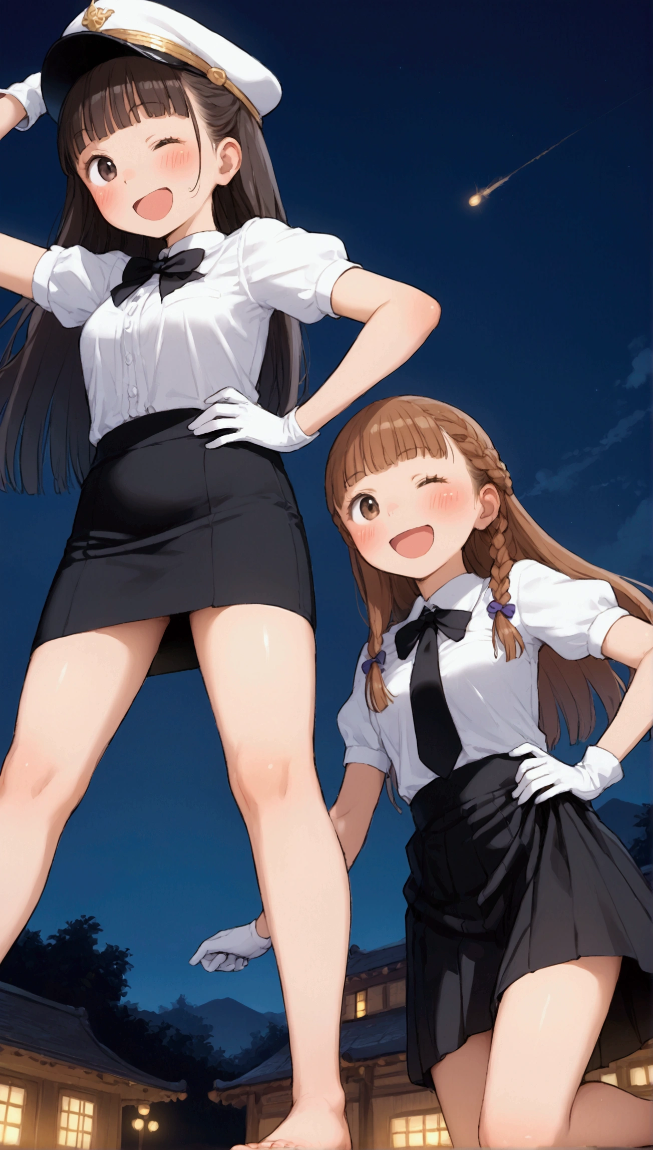 {Highest quality}, {Super beautiful},{Ultra fine},{Best illustration},Brown Hair,Hime cut,long hair,Braid,Two Women,Standing Woman,Strike a pose,Adult women,smile,Excited face,Wink,Uniform cap,White Shirt,Short sleeve,long black skirt,White gloves,Night Festival,Blushing,Slender,Black stiletto heels,barefoot,From an angle,From below,Put one hand on your hip,Spread your legs,Lift one leg up