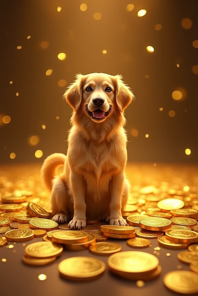 Pile of gold, Gold coins, dog, Gold coins이 하늘에서 쏟아진다. Dazzling golden, golden light