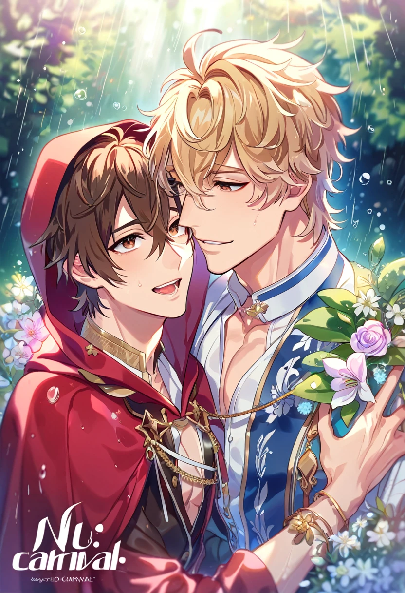 absurdres, highres, ultra detailed, HDR, master piece, best quality, extremely detailed, detailed eyes, Quincy, blonde hair, messy hair, hair between the eyes, expressive amber eyes, Nu Carnival, Eiden, brown hair, expressive brown eyes, two sexy men together, yaoi, gay couple, The Red Riding Hood And The Wolf, fantasy clothes, red hooded cape, spring, flowers, green leaves, magical forest, fantasy, rain, night