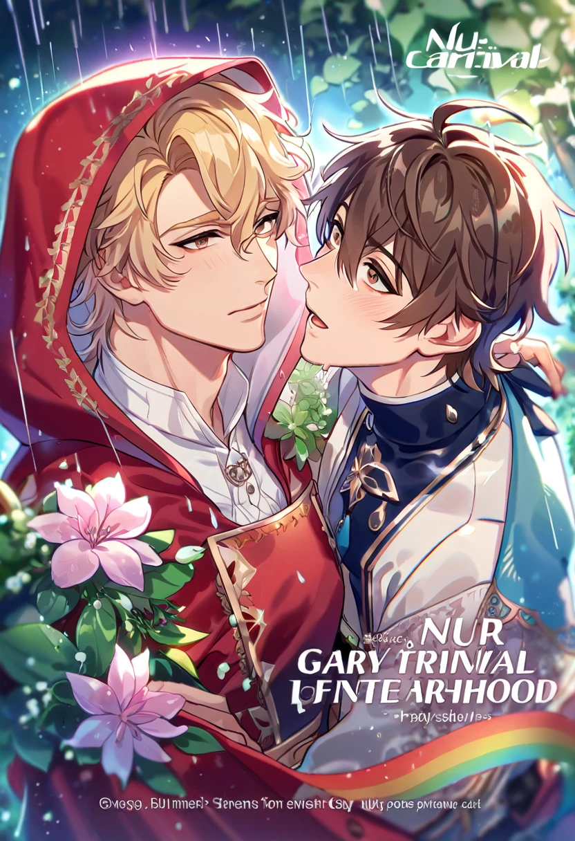 absurdres, highres, ultra detailed, HDR, master piece, best quality, extremely detailed, detailed eyes, Quincy, blonde hair, messy hair, hair between the eyes, expressive amber eyes, Nu Carnival, Eiden, brown hair, expressive brown eyes, two sexy men together, yaoi, gay couple, The Red Riding Hood And The Wolf, fantasy clothes, red hooded cape, spring, flowers, green leaves, magical forest, fantasy, rain, night