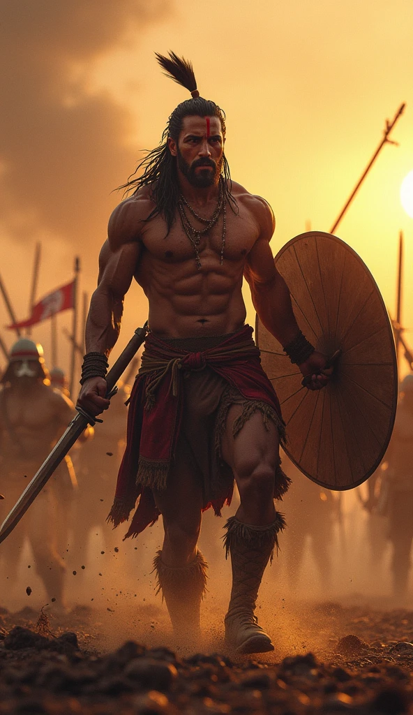 indian muscular warrior killed seven
soldiers of the British forces using his sword and shield moment their swords were seen flashing in the setting sun; but, in the combat,his shield having been rendered nearly useless by the loss of its corded handle, and he could only grasp the two rings to which the latter had been attached."