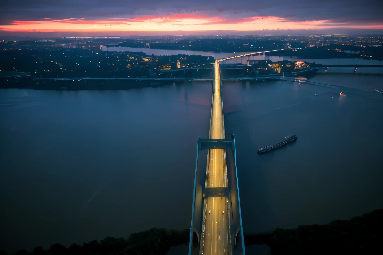 arafed view of a bridge with a long line of cars on it, tall bridge with city on top, 1 glowing bridge crossing river, Lit from above, Dramatic Lighting from Above, author:Brad Holland, Perspective shot from the sky, author:Joseph Severn, bridge, Elevated, night, Long exposure photography, Epic Lighting from Above, Photographed by Jacob Steinhardt,江苏润扬大bridge,Red clouds fill the sky,RAW,uhd,8k,Detailed Details,Best quality,Perfect color matching,Cinematic atmosphere,Masterpieces shot by international photography masters,National Geographic Photography Award Winners