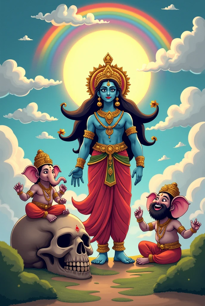 There are three people ,Big Mother mahakali wears skull necklace at center  and Ganesh sitting on skull and murugan are laughing at the clouds heaven , cartoon , small ears , manga, sun shine , rainbow 