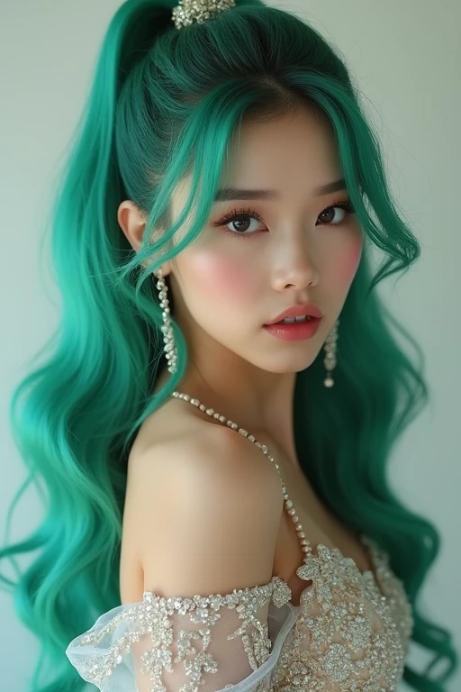 A girl k-pop idol (her wearing politely closed iris prom night glam sparkling bling bling dresses, her long green blue hair beauty in ponytail, her mystic make up)
