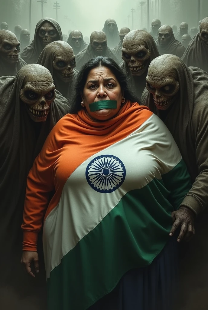 a picture of vulnerable big girl wrapped around an Indian flag, her mouth shut with duct tape with a lot of men around her dressed as monsters