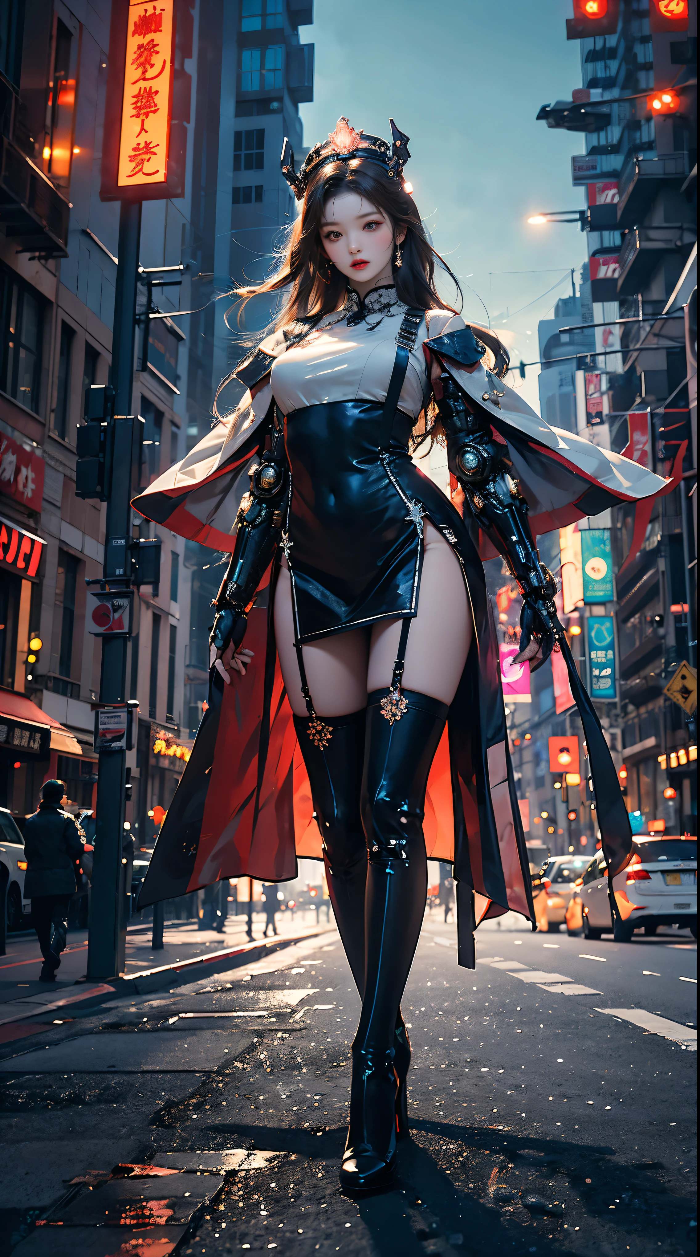 Masterpiece, best quality, high resolution, one woman, from below, very thin and straight legs, very long legs, straight legs, high heels, long legs, perfect body with perfect legs, front view showing long legs, perfect body, exterior, telegraph slang, dynamic pose, exquisite eyes, brown eyes, eye shadow, wearing makeup, long blonde hair, detailed face, detailed eyes, looking at viewer, blusher (wearing makeup), plump lips, red lips, long gray hair (1.3), mechanically static, summon mech, headdress (1.1), headgear, dressed like a student in , black lace stockings, stocking suspenders, city, luminous winding, with a gun in hand, weapon, completely mechanical and futuristic elements, technology, background is modern New York City streets with cars passing by, sky, slim (1.2), dramatic lighting, vivid details.