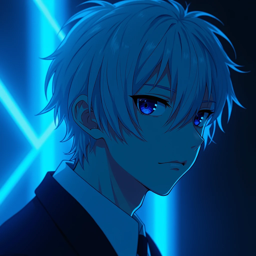 Gojo sataru with white hair blue eyes closeup shot from side angle .... His face is mixed up in blue neon lights in dark