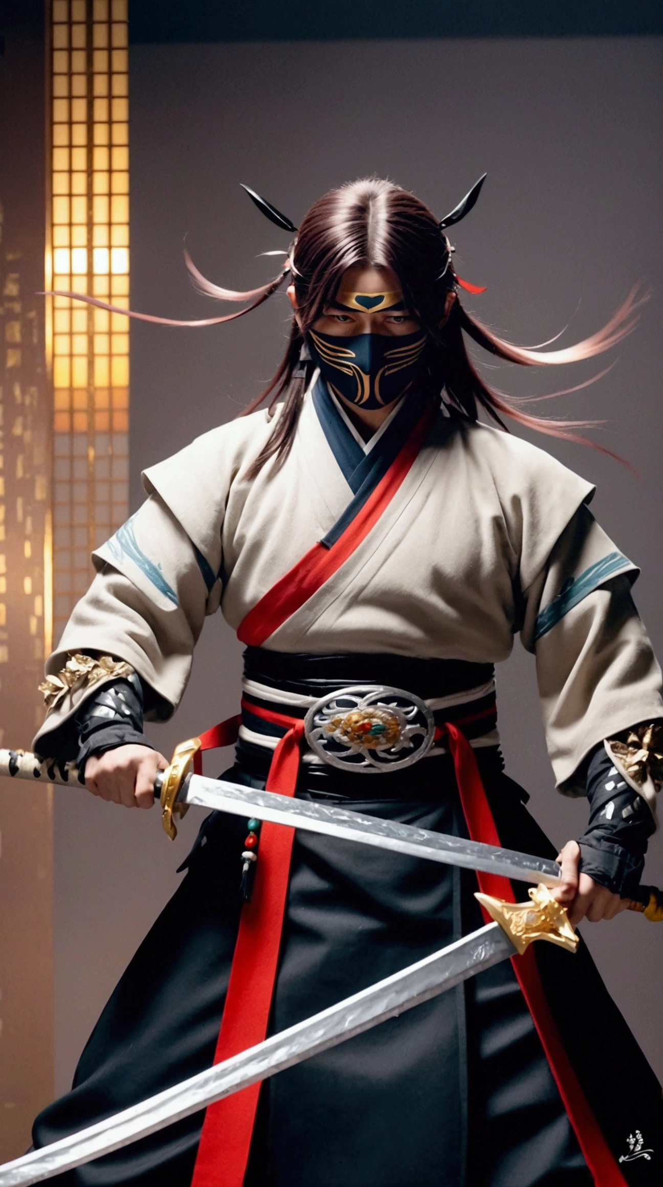 (Japanese sword &reference;Muramasa 2&reference;.2)Beautiful 27 year old woman、Japanese women、Tie your hair back、Hair ornament artist、Shinobi Costume、Warrior、Clear Eyes、{Arm tattoo(SakuraFubuki}'Back Tattoo、Warrior、(Japanese swordを両手で構える、1.3)(Japanese sword1.2)Intermediate position、In front of the body、(Hold the sword horizontally 1.3)、whole body、Long Blade Sword、Realistic battle scenes、敵Warriorの返りBlood、Blood、High resolution、Highest quality、Very detailed、8k、background、The castle is burning、Sparks fly、