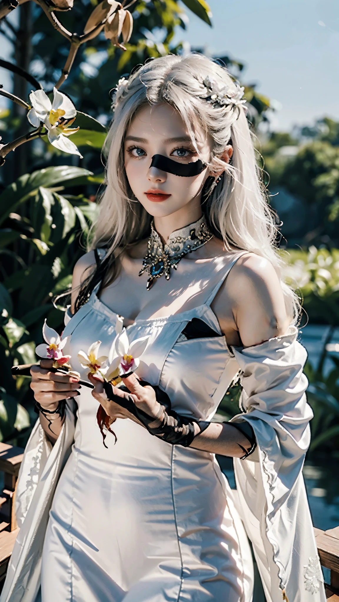 (CG 8k wallpaper extremely detailed, masterpiece, best quality, ultra-detailed), (better lighting, better shadow, extremely delicate and beautiful), floating, high saturation, dynamic angle, ((1girl)), gorgeous, ningguang(orchid evening dress) white hair, red eyes, very long hair, hair ornament, bangs