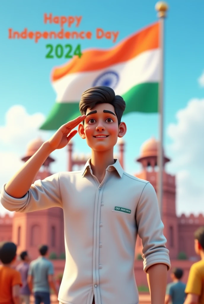 Create a 3D Realistic image of 22 years old boy is wearing White color shirt and saluting to indian flag and behind him red fort placed a hoisting flag on that, written Happy Independence Day 2024" on the sky and "SM Star Podcast" is written on his shirt with bold letters and also in overall image has the divine background like indian republic day. Everyone is celebrating.