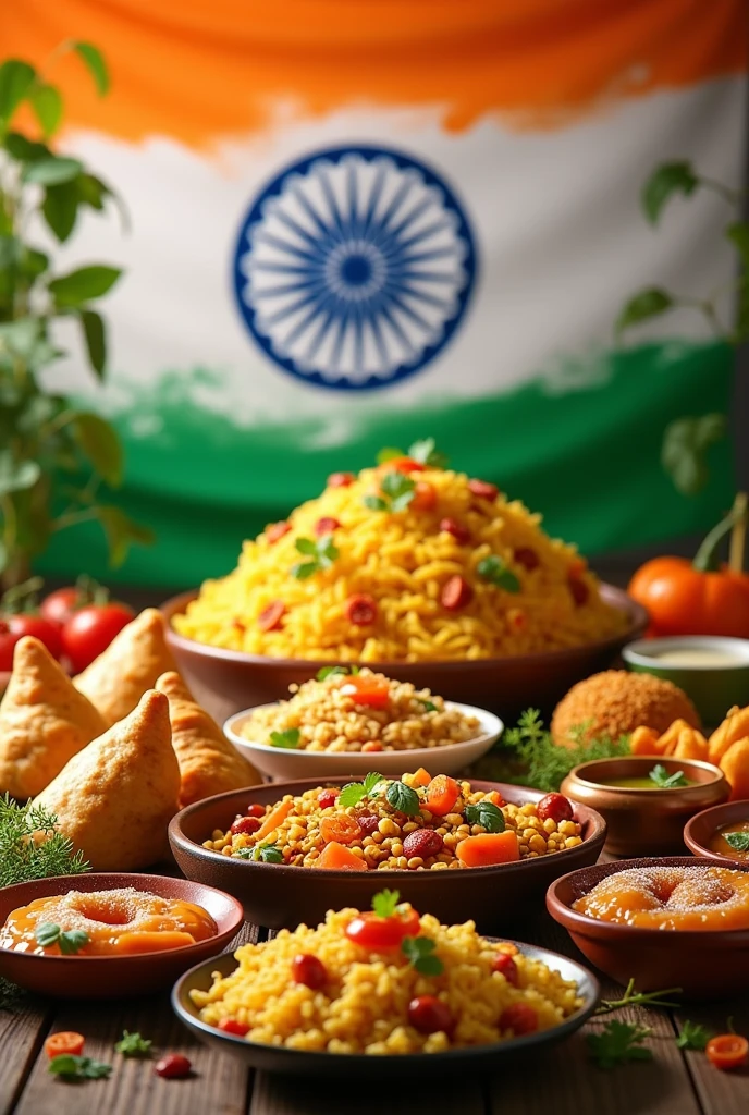 "A vibrant and festive scene celebrating India's Independence Day. The background should feature elements of the Indian flag, with saffron, white, and green colors creatively integrated. Surround this with traditional Indian foods like samosas, biryani, dosas, and sweets, all arranged artistically. The foods should blend into the flag design, symbolizing the richness of Indian culture. In the foreground, include the Instagram handle 'Foodiemayank' in a stylish, festive font, displayed on a banner or flag that complements the overall theme. The image should evoke a sense of cultural pride and celebration."