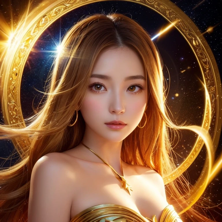 Close-up of a woman wearing a golden dress、Front facing、The background is shining with a halo.、Abstract images, Beautiful Celestial Magician, Heavenly Goddess, Golden ethereal light, Fantastic fantasy, Beautiful Fantasy Empress,, Goddess of space and time, Shining golden aura, Goddess of Light, A surprisingly young and mysterious person,N Japanese and Caucasian half、
