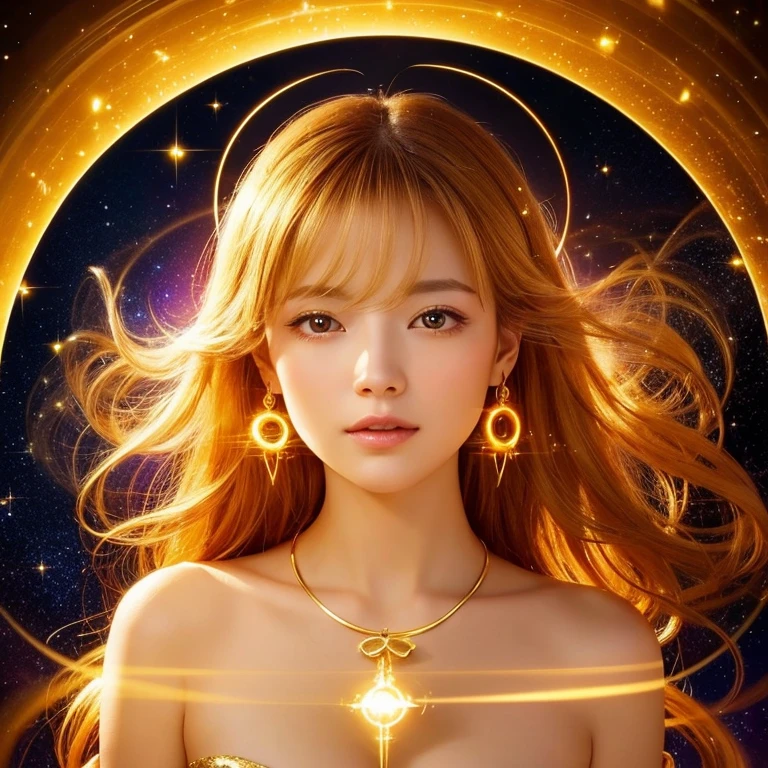 Close-up of a woman wearing a golden dress、Front facing、The background is shining with a halo.、Abstract images, Beautiful Celestial Magician, Heavenly Goddess, Golden ethereal light, Fantastic fantasy, Beautiful Fantasy Empress,, Goddess of space and time, Shining golden aura, Goddess of Light, A surprisingly young and mysterious person,N Japanese and Caucasian half、