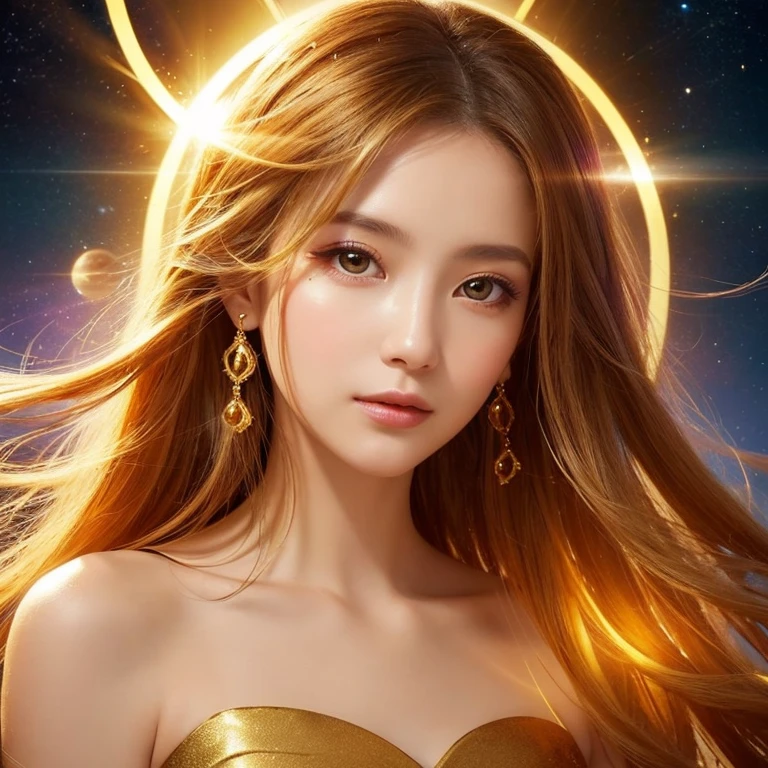 Close-up of a woman wearing a golden dress、Front facing、The background is shining with a halo.、Abstract images, Beautiful Celestial Magician, Heavenly Goddess, Golden ethereal light, Fantastic fantasy, Beautiful Fantasy Empress,, Goddess of space and time, Shining golden aura, Goddess of Light, A surprisingly young and mysterious person,N Japanese and Caucasian half、

