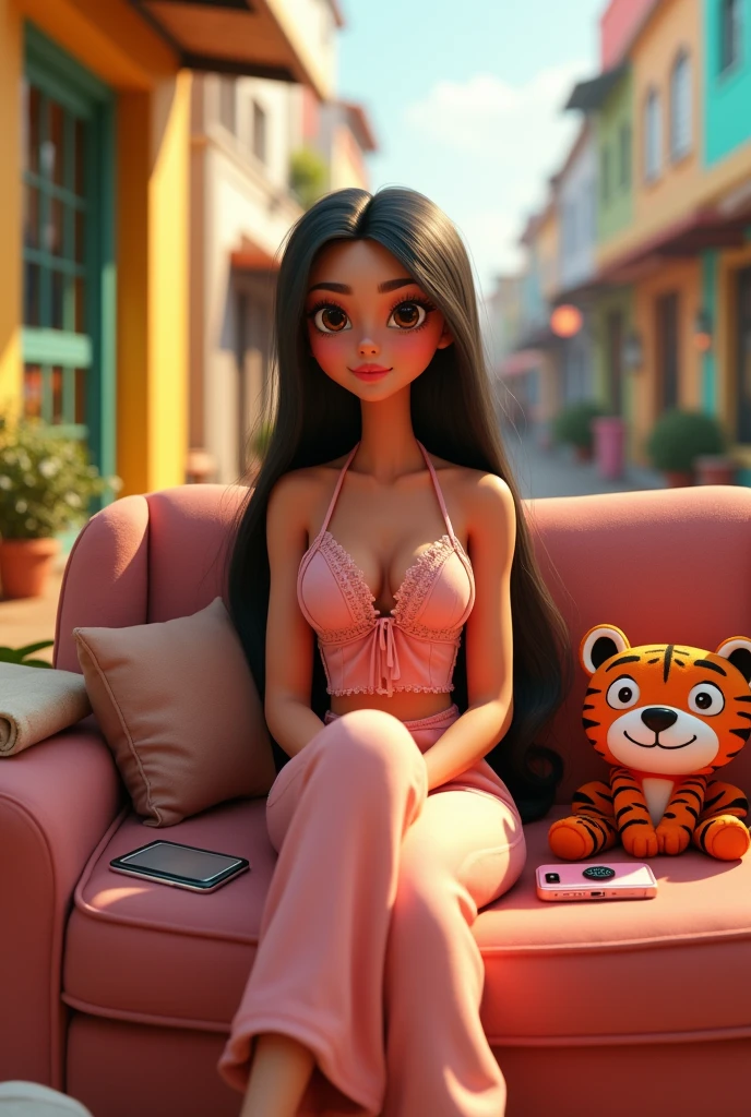 create a Disney Pixar style 3D animation. The setting is Feira de Santana-ba. The character is a woman with long straight black hair, sitting on the sofa wearing pink clothes, brown eyes, She has a stiletto, with an iPhone 13 and one with a tiger on the side