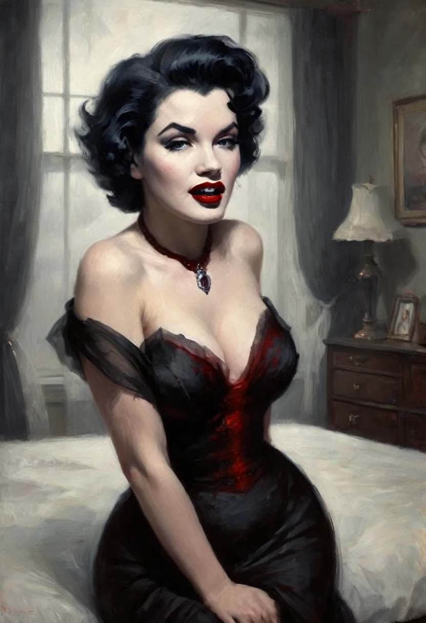 Vampire Marilyn Monroe (pale, deep black hair, blood red lips, fangs, slinky black dress deeply plunging neckline) emerging from a mysterious fog in a 1950s bedroom, she is hungry for viewer