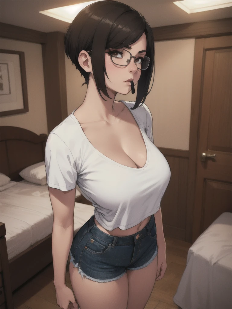 tomboy, solo, (very short hair, pixie cut, brown hair), circle-glasses, cute girl, perfect female body, big breasts, cleavage, toned stomach, beautiful limbs, (((((white Shirt))))), black bra top, Distressed jeans short pants, She is standing next to the bed., Roll up your shirt and put it in your mouth, Inside the house, night, Moody lighting, Teasing facial expressions, Seductive Eyes, UHD, masterpiece, anatomically correct, textured skin, high details, high quality, anatomically correct, textured skin, high quality