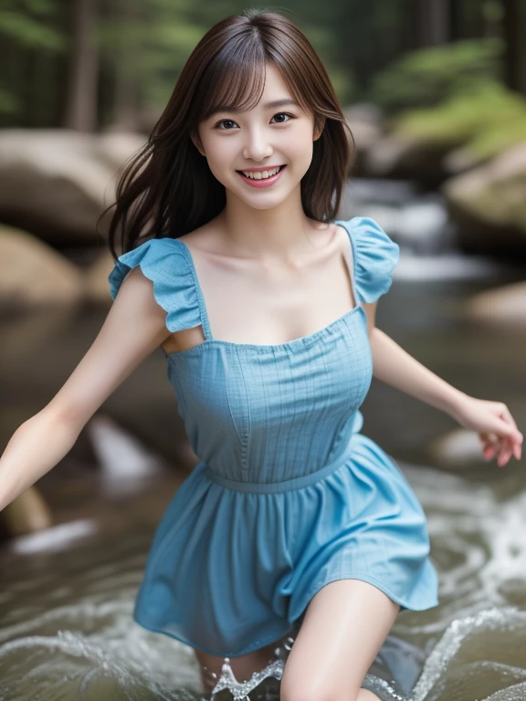 Photo-realistic quality、A woman in her fifties wearing a sheer, pale pink mini dress is running through a stream., Water is splashing from under my feet、Cute smile, Japanese Model, Beautiful Japanese girl face, Young and cute gravure idol, Cute young woman, Beautiful and smiling, cute beautiful, Realistic young gravure idol, An innocent smile, beautiful flowing feeling, Young Sensual Gravure Idol, Beautiful cute, A slightly cute smile, Smiling Kindly、looking at the camera
