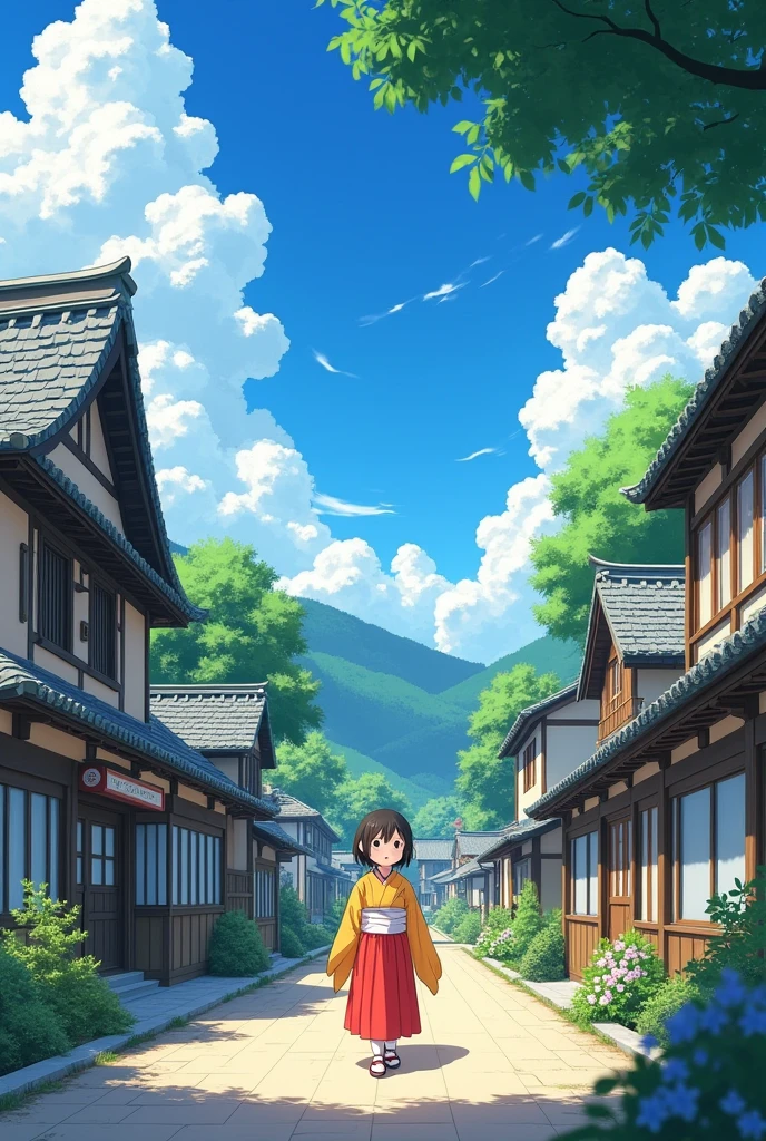 anime studio ghibli，Blue sky and white clouds，A Japanese girl walking on the street，Vibrant colors