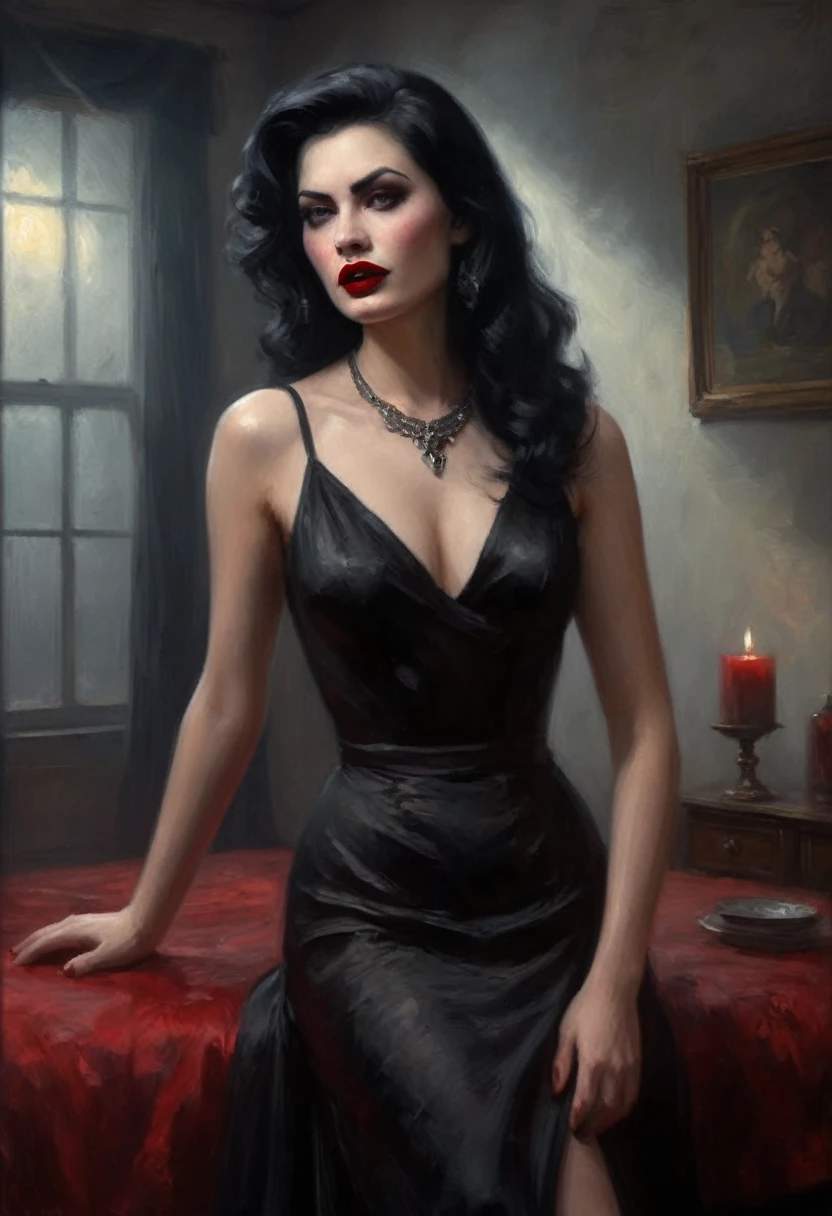 a beautiful pale woman with deep black hair, blood red lips, and sharp fangs, wearing a slinky black dress with a deeply plunging neckline, emerging from a mysterious fog in a 1950s bedroom, (best quality,4k,8k,highres,masterpiece:1.2),ultra-detailed,(realistic,photorealistic,photo-realistic:1.37),dramatic lighting, moody atmosphere, cinematic, highly detailed, dark fantasy, dark and moody, chiaroscuro lighting, dramatic shadows, hyper realistic, gothic glamour, alluring and seductive