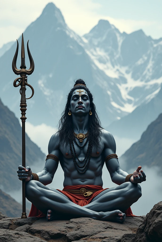 Lord shiva holding his trishul and doing meditation in the mountains of himalaya in kedarnath temple