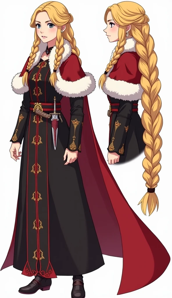 ((Character design sheet)) Create a high quality anime style illustration, centered on a female character with long blonde hair, braided into an elaborate hairstyle. The character wears medieval attire, consisting of a black dress adorned with red details and gold embroidery. She wears a red cape with white fur lining over her shoulders, adding a touch of royalty. Accessories include earrings and a belt holding a dagger. The image shows the character from three different angles: a left profile, a front view and a right profile within a white background. The facial expressions reflect a determined and proud attitude. The illustration should capture intricate details of costume and hair texture. 