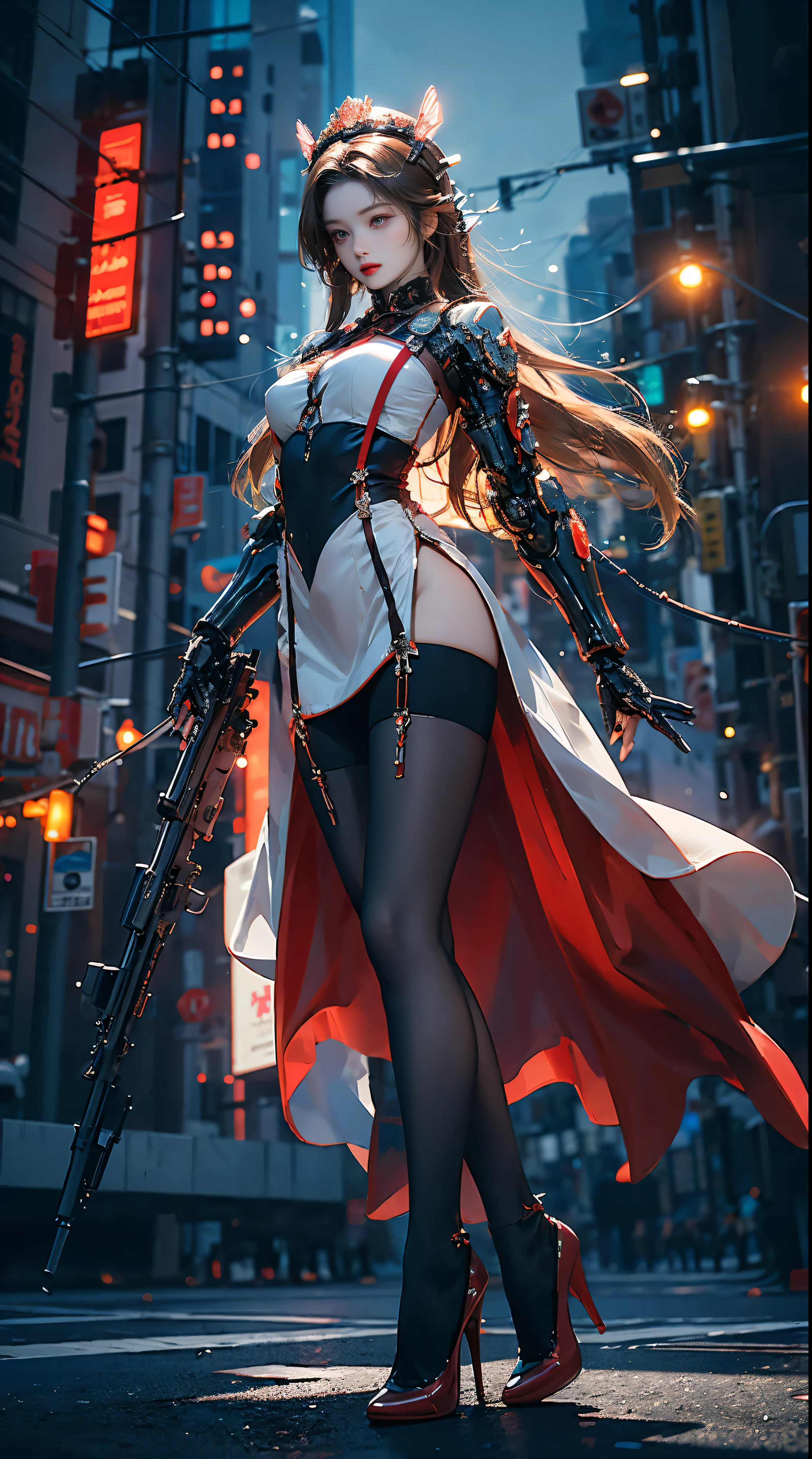 Masterpiece, best quality, high resolution, one woman, from below, very thin and straight legs, very long legs, straight legs, high heels, long legs, perfect body with perfect legs, front view showing long legs, perfect body, exterior, telegraph slang, dynamic pose, exquisite eyes, brown eyes, eye shadow, wearing makeup, long blonde hair, detailed face, detailed eyes, looking at viewer, blusher (wearing makeup), plump lips, red lips, long gray hair (1.3), mechanically static, summon mech, headdress (1.1), headgear, dressed like a student in , black lace stockings, stocking suspenders, city, luminous winding, with a gun in hand, weapon, completely mechanical and futuristic elements, technology, background is modern New York City streets with cars passing by, sky, slim (1.2), dramatic lighting, vivid details.