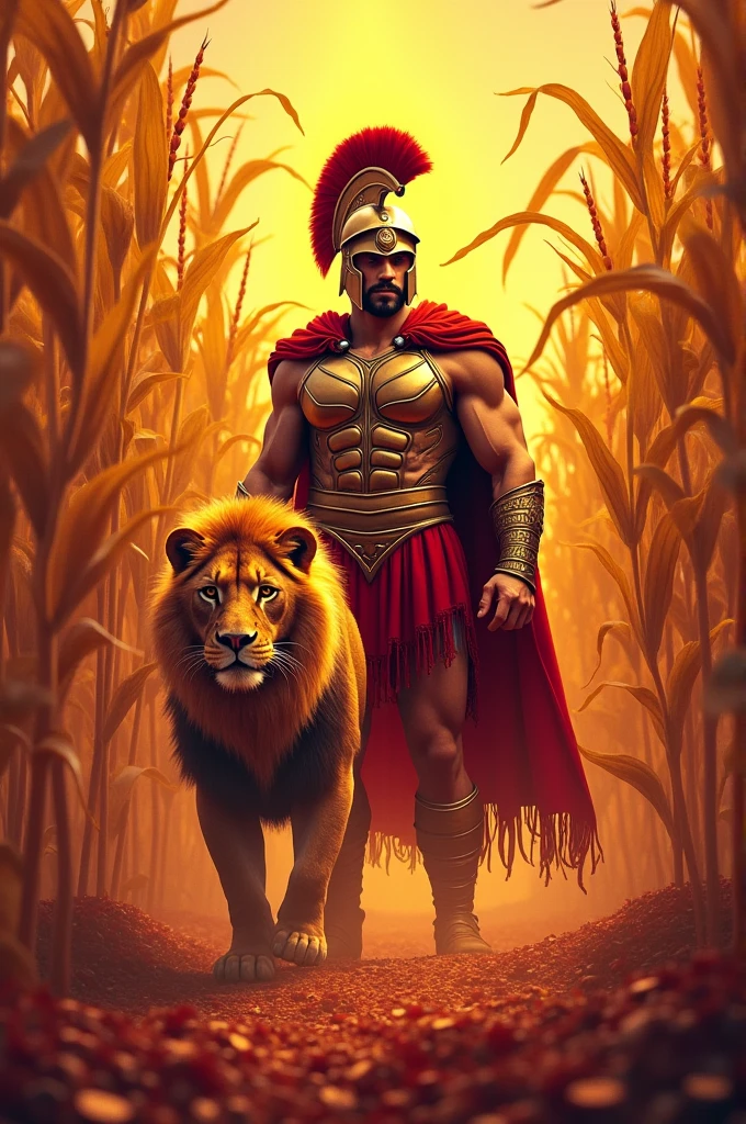 Create a 4D background with red and yellow colors, featuring many corn cobs, a Spartan warrior, and a lion. The name 'Artillery' should be in large letters, with 'Team Choclito' written in smaller letters below.