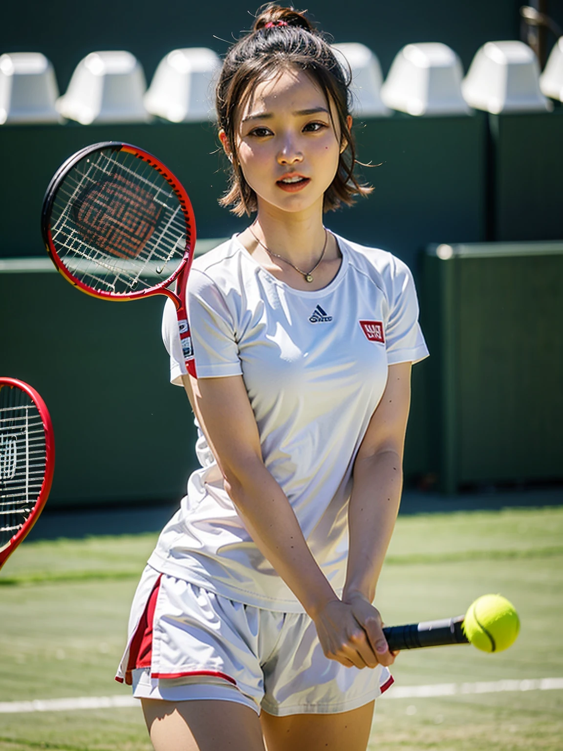 Top quality, 1 beautiful woman, super short Hair, wearing tennis wear, shy-smile, Sunlight, tennis player