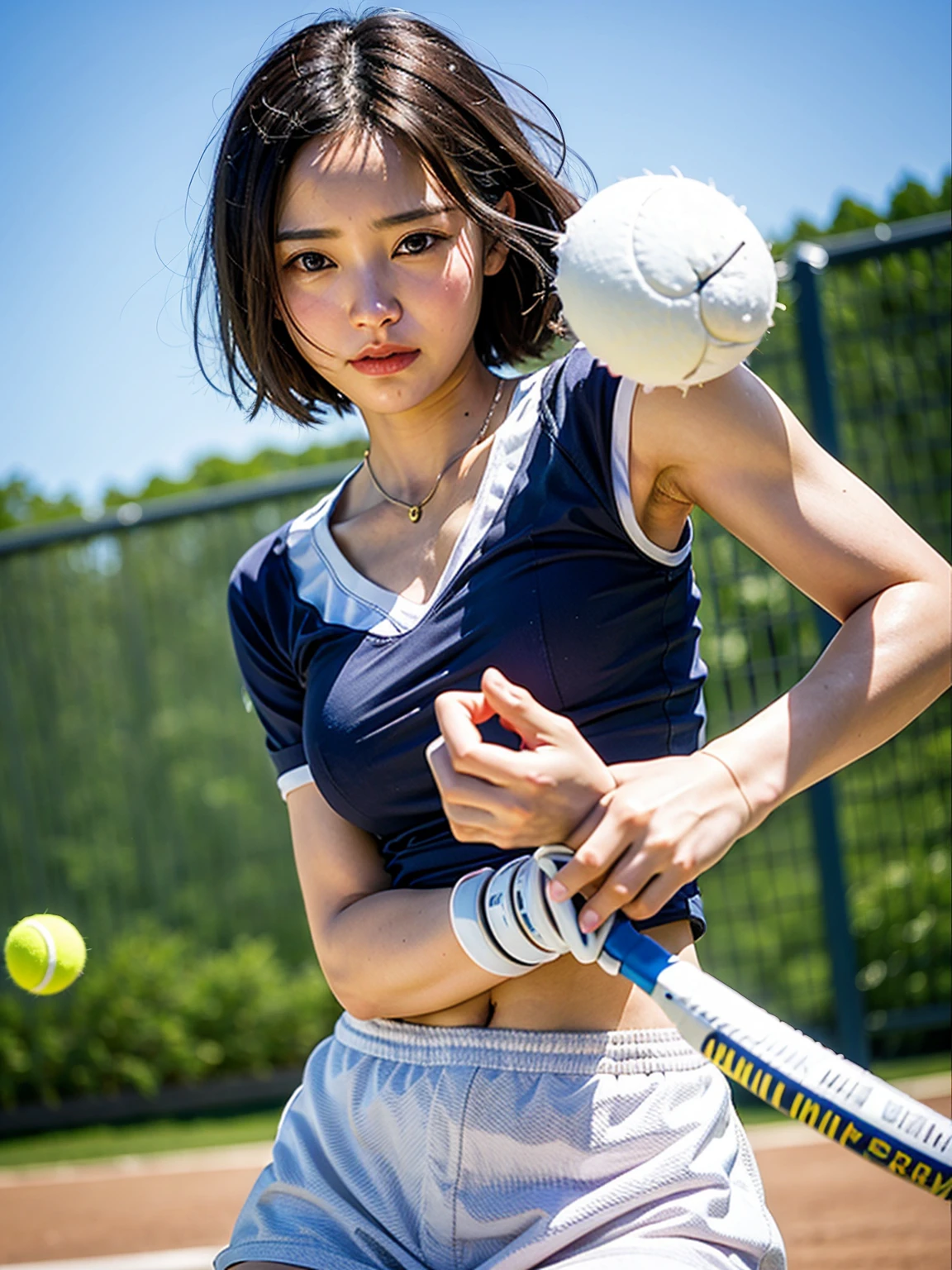 Top quality, 1 beautiful woman, super short Hair, wearing tennis wear, shy-smile, Sunlight, tennis player
