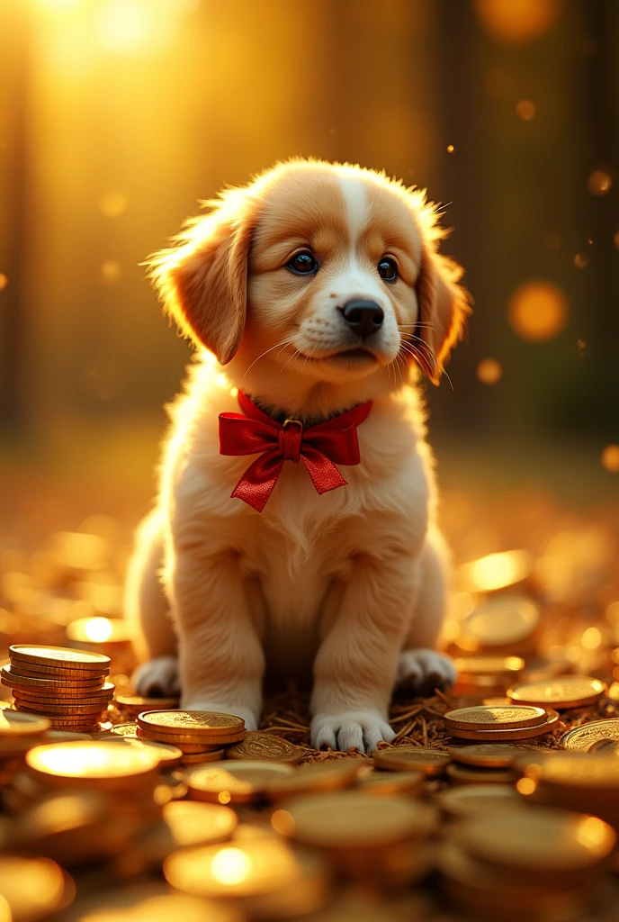 Pile of gold, Gold coins, dog, Gold coins이 하늘에서 쏟아진다. Dazzling golden, golden light, Golden Lotto Ball