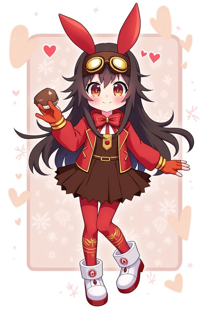 https://genshin-impact.fandom.com/wiki/Amber She have a dark brown hair and wears a red bow that is shaped like a bunny ears, brown pilot goggles, two small bags with leather belts, a red and brown glove, a Pyro sigil emblazoned on the red and orange ribbon, red jacket with long sleeves, a dark brown jumper outfit, and red stock on the white boots has symbols on it. She shyly smiles blushing. She have long dark brown hair! She have chocolate in mouth.