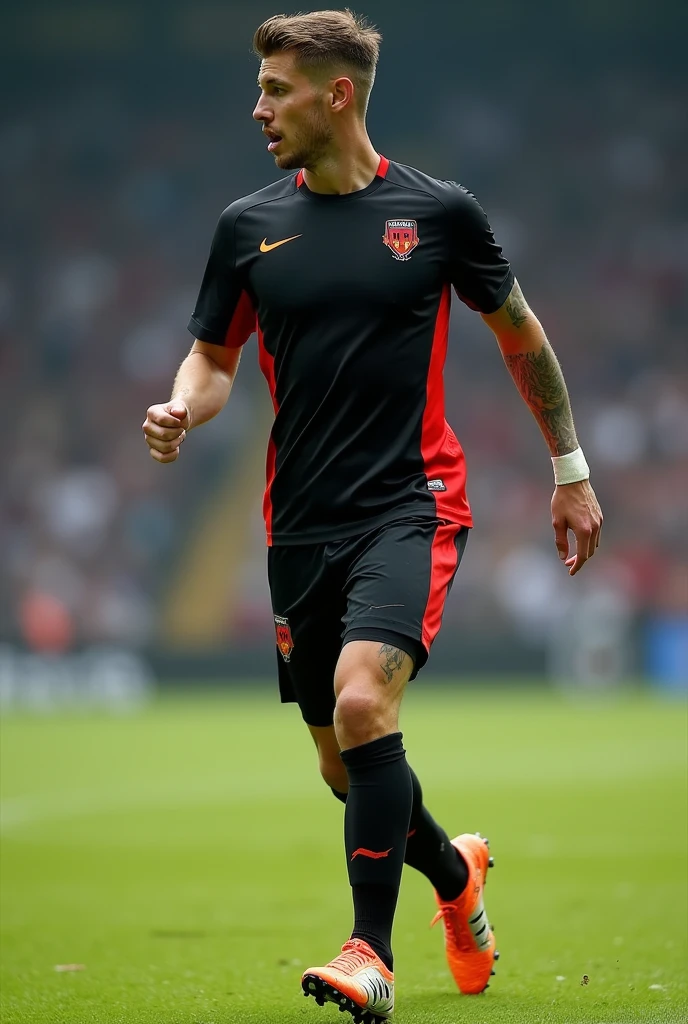 A complete field soccer uniform, the most current model, complete soccer uniform with black colors and minimalist red side curves 