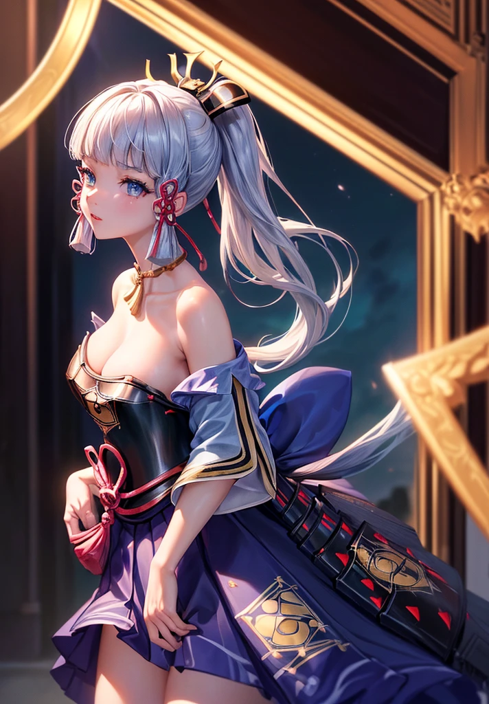 ((masterpiece)),(bestquality),((ultra-detailed)), ((beautiful detailed sky)), ((cinematic lighting)), depth of field, (dynamic angle),detailed lighting,((beautiful detailed eyes)), (night sky view), red lip, eyeshadow,large breast, cleavage, ((wearing tiny dress, off shoulders, bare hips)), ((kamisatoayakadef))