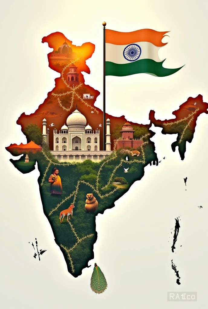 Generate an picture for Indian independence day contains a flag and in background indian map with indicating every states mjor monument and ethnicity and bird and tiger