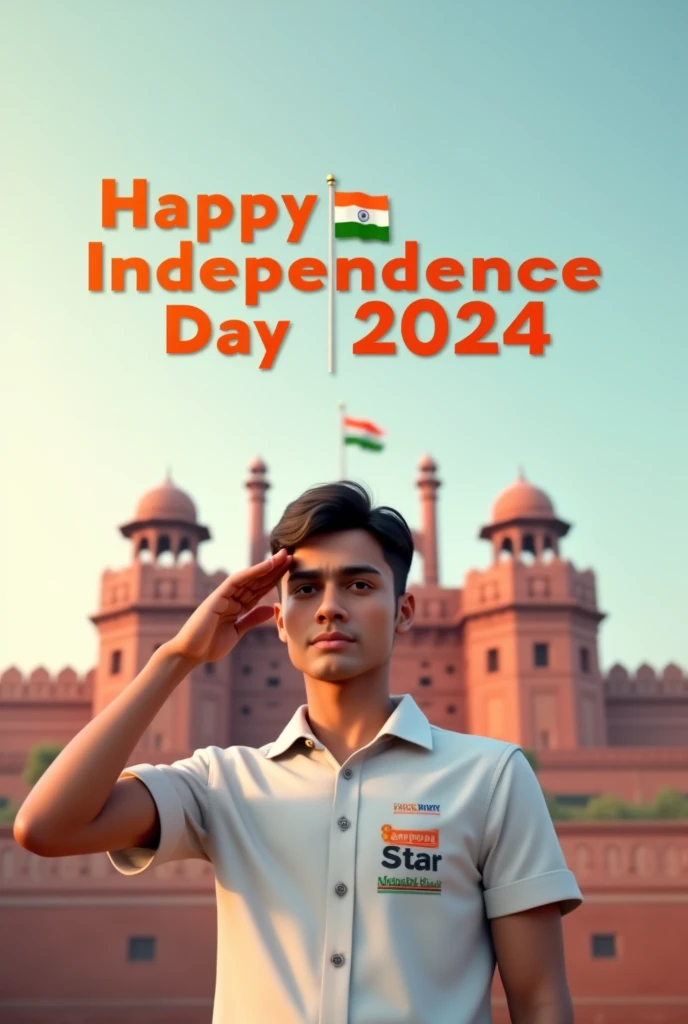 Create a 3D Realistic image of 22 years old boy is wearing White color shirt and saluting to indian flag and behind him red fort placed a hoisting flag on that, written Happy Independence Day 2024" on the sky and "SM Star Podcast" is written on his shirt with bold letters and also in overall image has the divine background like indian republic day. Everyone is celebrating.