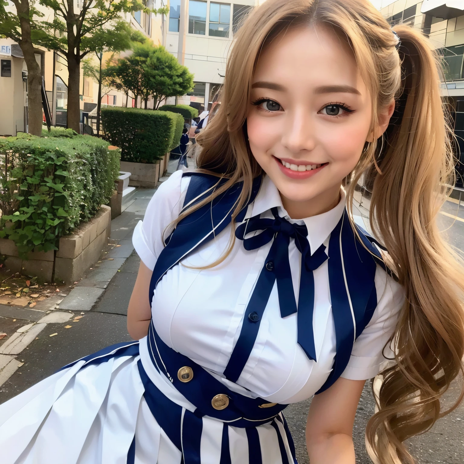 ASCIIHighest quality, Ultra-high resolution, (Realistic: 1.4), one , (Urzan-6500:1.0), K-POPアイドル, Highest quality (Twin tails: 1.1), (blonde, Shiny wavy hair, smile, , 1 , beautiful blue eyes), (cute: 1.16), (very delicate and beautiful), beautiful, colorful, (hair ornaments: 1.3), (White Uniform: 1.2), (Outdoor), (School building: 1.2), Cityscape, (light smile: 1.2), (insanely cute and beautiful ), Shadows in the movies, (Dynamic Angle), (Sharp contours),, cute, cute, ((())), (Blue pleated skirt), (Blue Ribbon), ((Shining Eyes)), Shiny Hair, Shiny Hair, Big Breasts, Upper Body