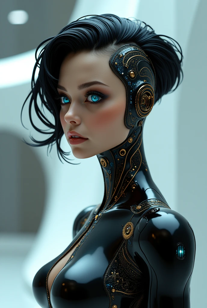 a unisex human android with black, blue and gold hair and black and blue eyes.