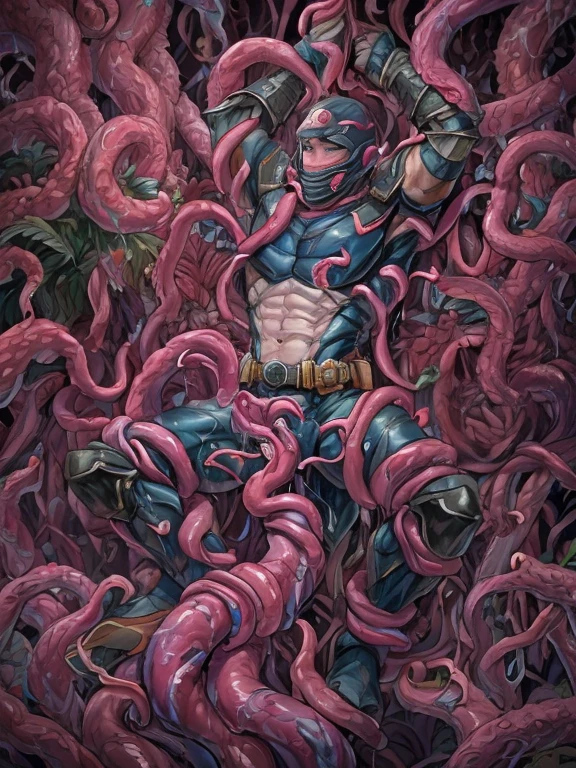 Superhero, hero, strong and robust male, Armor, Tentacle entanglement, uniform, Binding hands togethe, Foreign object invasion, monster breeding, wet, slime, tentacles, slimy tentacles, monster and human breeding, Tentacles wrapped around the body, Insert tentacles into the body, Blocked mouth by tentacles, Both hands are bound, The reproductive organs are covered in tentacles, The chest was torn apart by tentacles, Tentacles penetrate deep into clothes