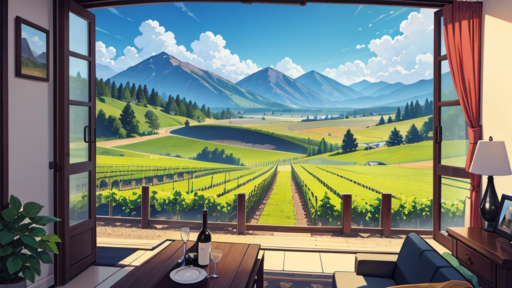 Create a central perspective landscape of a vineyard where the trees can be seen., bushes and mountains