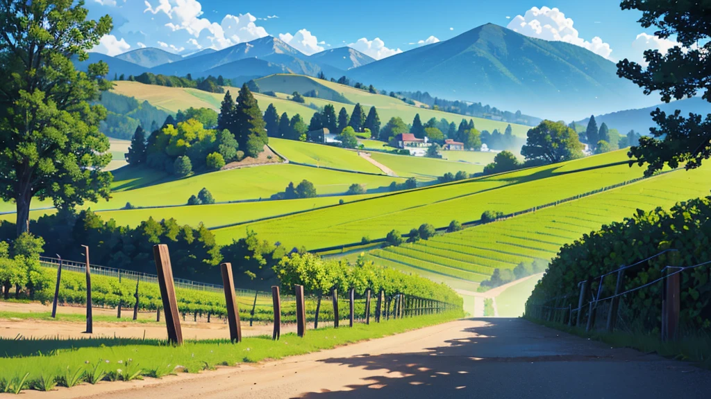 Create a central perspective landscape of a vineyard where the trees can be seen., bushes and mountains